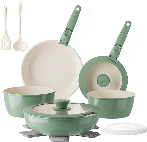 ceramic nonstick pans and pots set, ceramic cookware set with detachable handles16pcs, induction dishwasher oven safe kitchen c