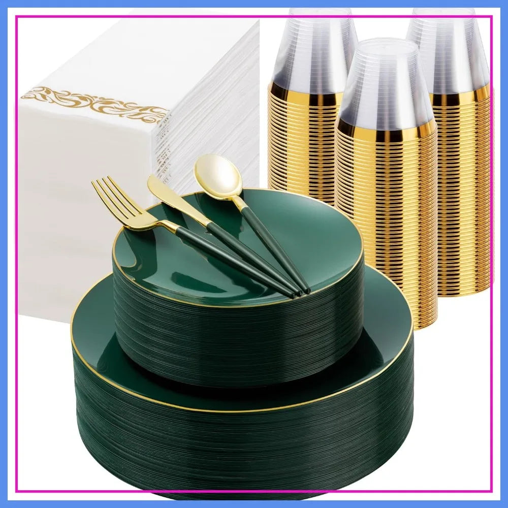 Green Gold Plastic Dinnerware Set 350 Pcs Disposable Plates And Cups For Party