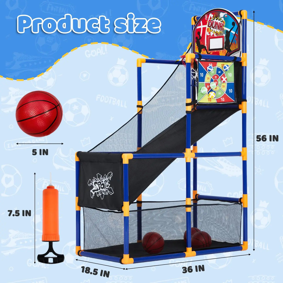 Kids Basketball Set Adjustable Indoor Outdoor Hoop With Ball Return Ramp