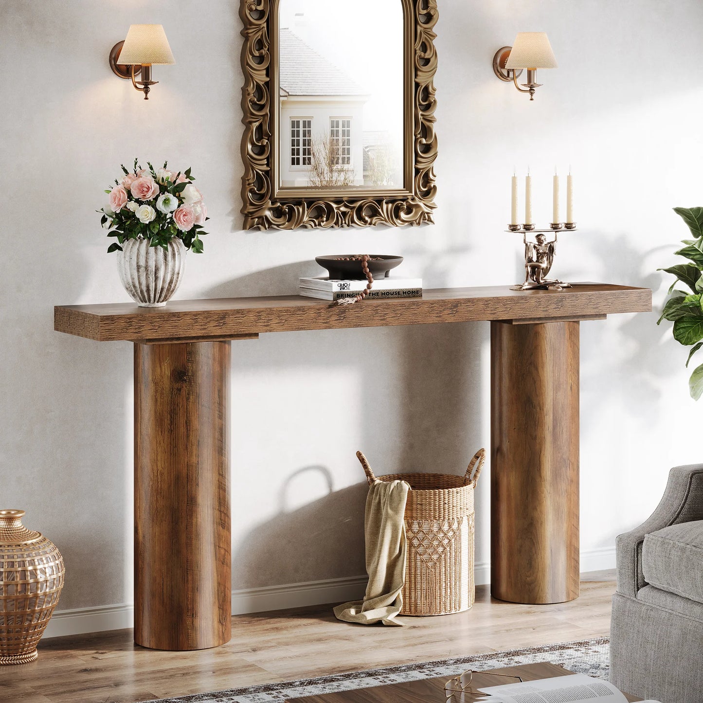Tribesigns 63" Long Bar Table, Rectangle Kitchen Counter Height Table with Pillar Legs, Narrow Bar Height Pub Table Behind Couch