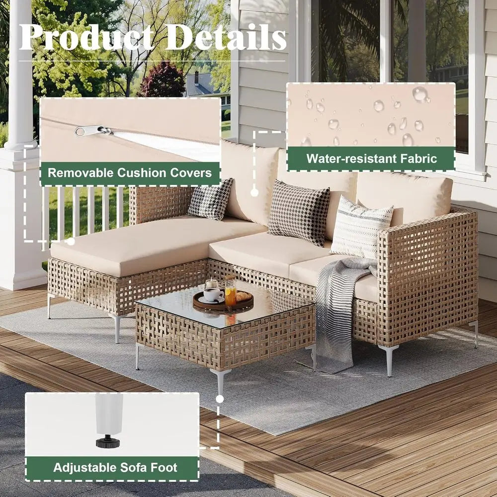 All-Weather Outdoor Furniture Set: 3pc Rattan Sofa with Cushions, Glass Table for Garden & Poolside