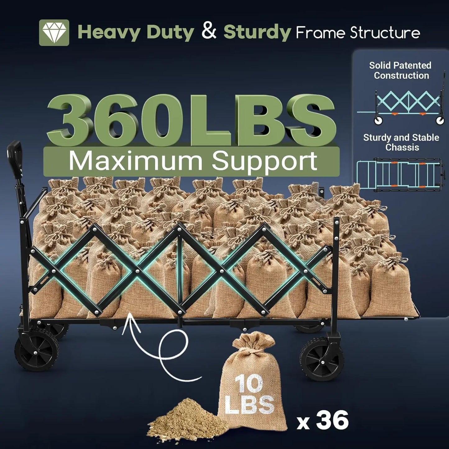 43 Inch Extra Long Collapsible Wagon With Extended Tailgate Outdoor Use 360 Lbs