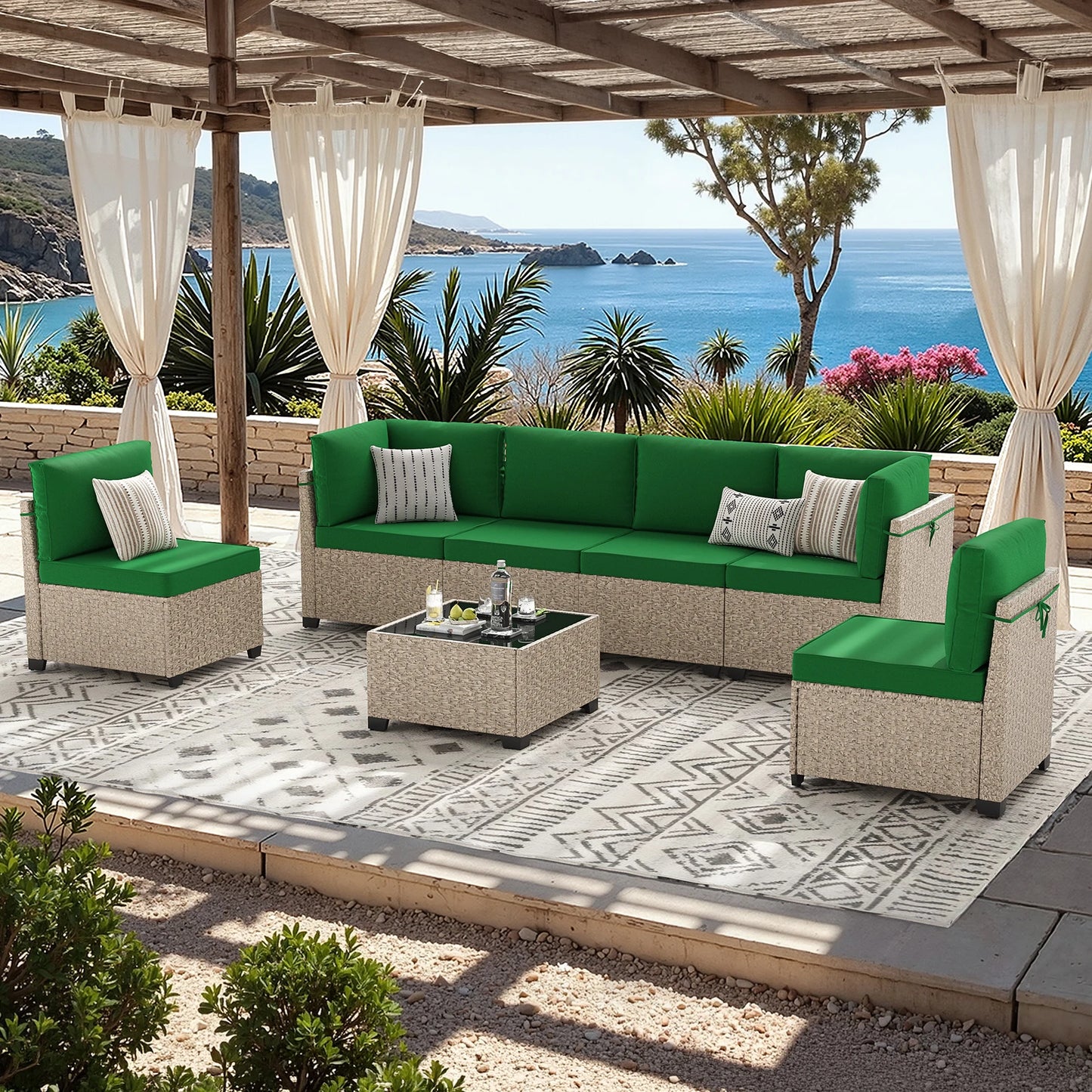 7 Piece All Weather Outdoor Rattan Patio Sofa Set With Tempered Glass Table