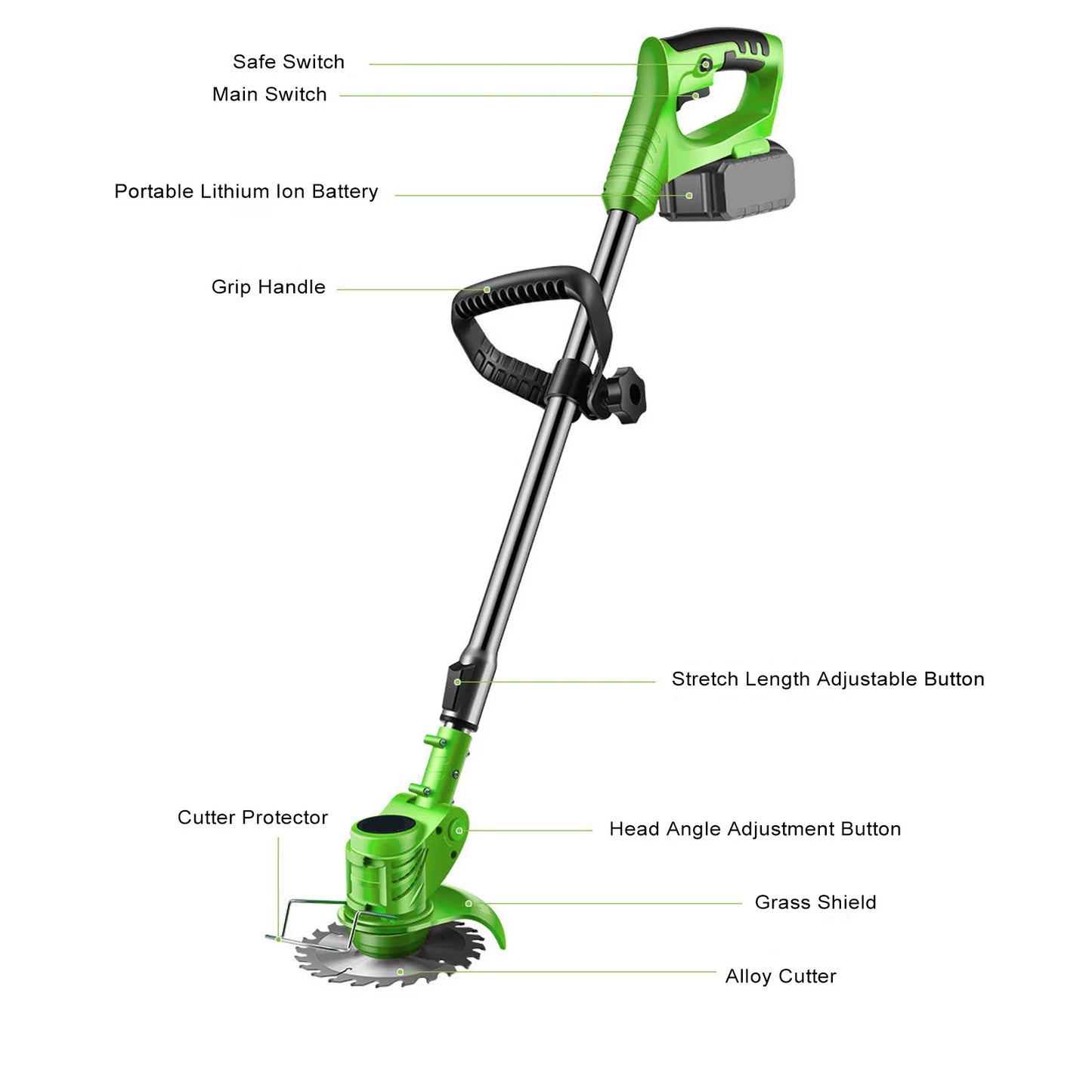 Cordless String Trimmer 2x7500mAh Telescopic Handle Battery Powered Weed Trimmer Lightweight Stainless Steel Plastic for Yard