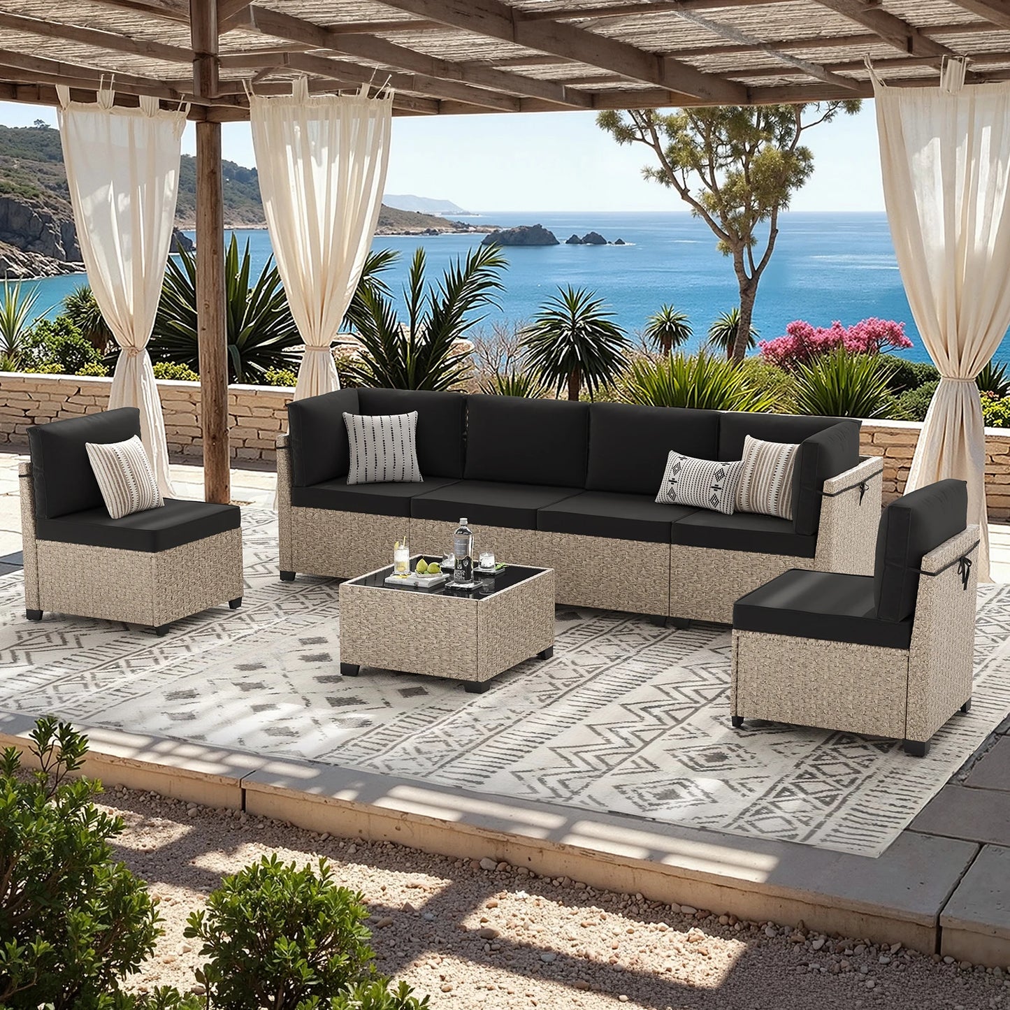 7 Piece All Weather Outdoor Rattan Patio Sofa Set With Tempered Glass Table