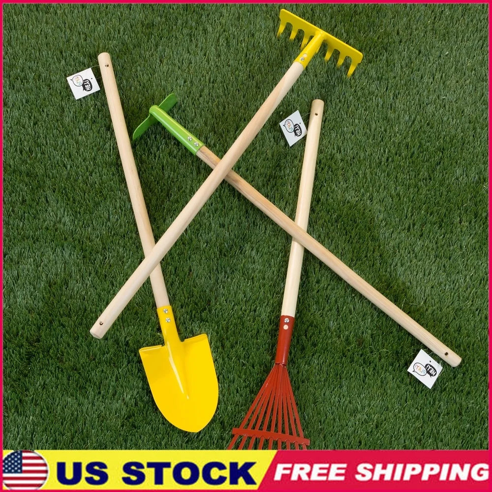 Kid's Garden Tool Set 4-Piece Wooden Handles Safe Edges Durable Metal Tools Outdoor Activity Learning Gardening Nature