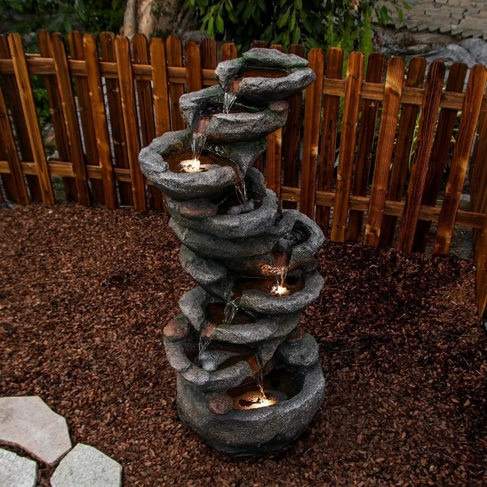 10-Tier Outdoor Rock Waterfall Fountain for Garden, Patio, Deck, and Pond Decor