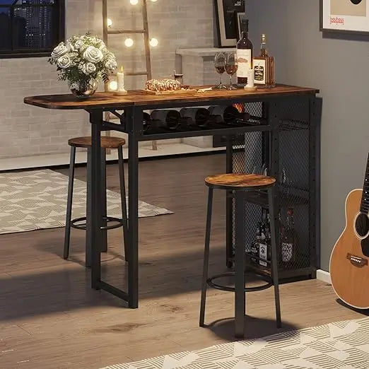 bar table and chair set, expandable dining table with 2 bar stools, industrial kitchen counter with wine rack & 3 tier adjustab