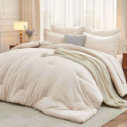 7 Piece Queen Comforter Set Bed In A Bag All Season Beige Sheets Pillowcases