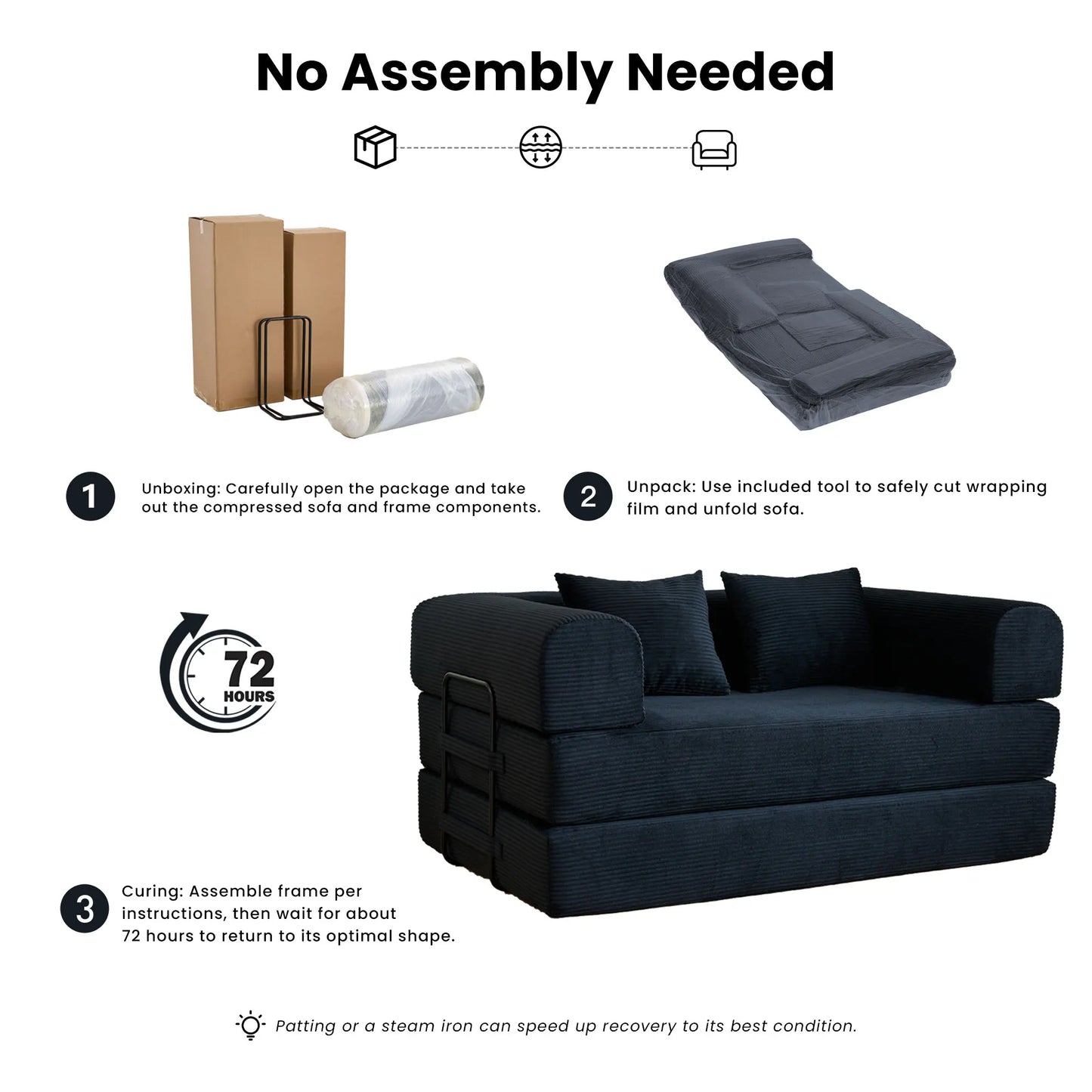 59 Boneless Foldable Sofa Bed Convertible 2 Seater Corduroy Couch Sleeper