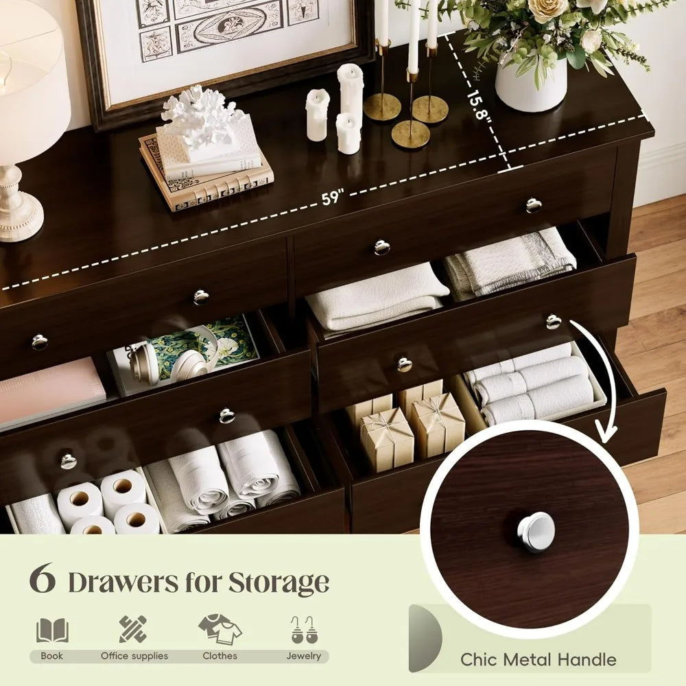 JUMMICO 6 Drawer Dresser For Bedroom Modern Wood Storage Chest