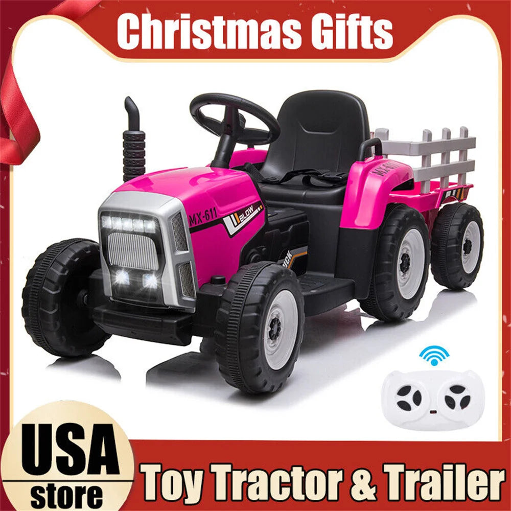 12V Kids Electric Ride On Tractor With Trailer Remote Control For Ages 3 To 8