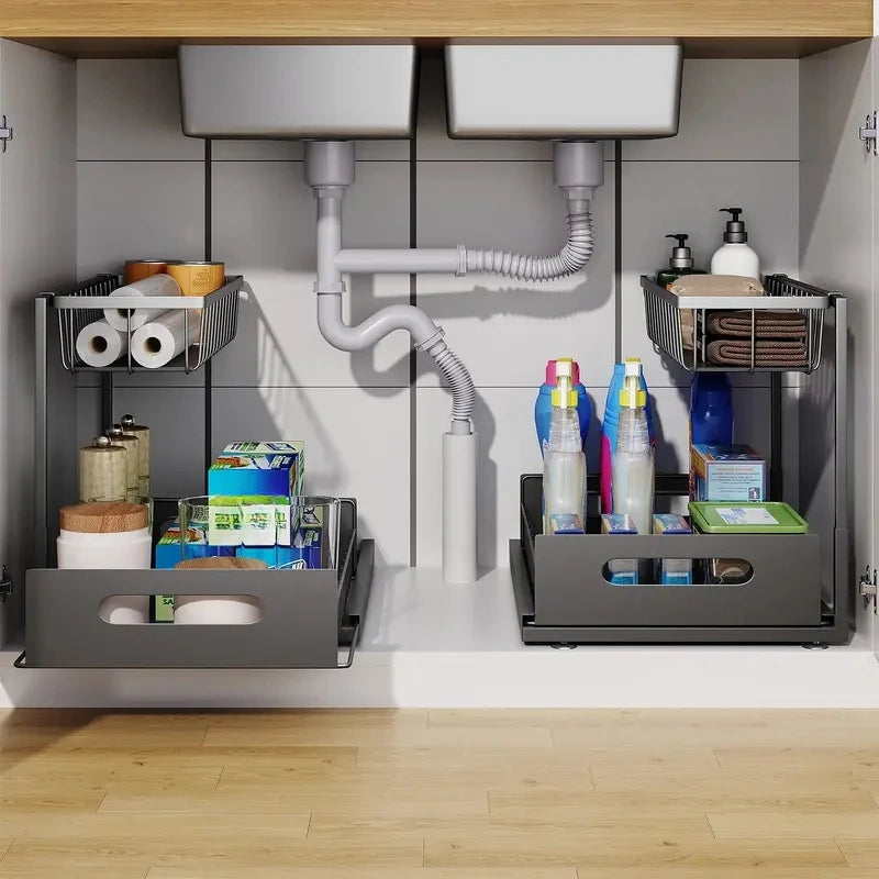 Double Layer Sliding Rail Under Sink Storage Rack For Bathroom And Kitchen