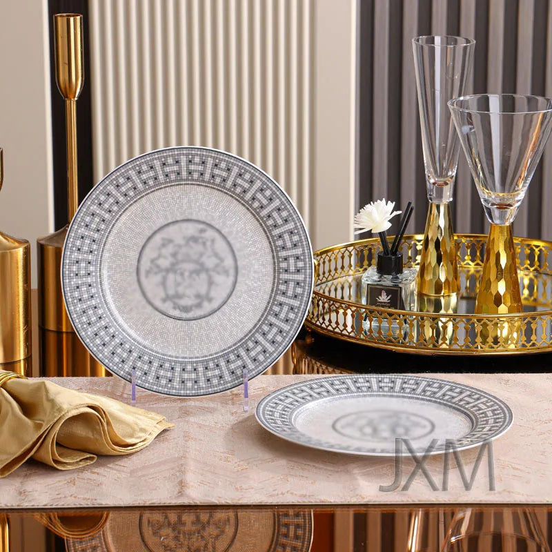 Luxury 10 Piece European Style Gray Horse Drawn Cart Tableware Set Bone China