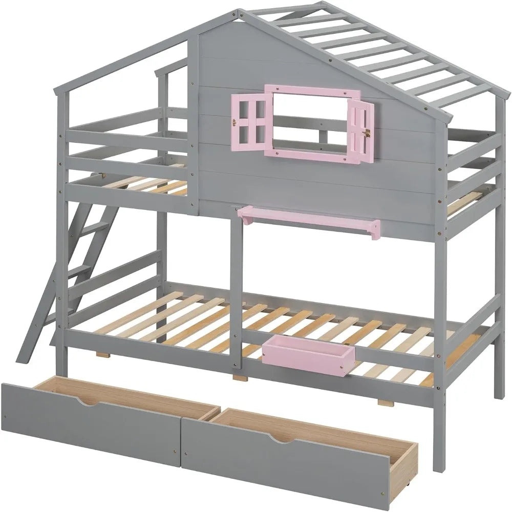 Twin Over Twin Bunk Bed with 2 Drawers, 1 Storage Box, 1 Shelf, Window and Roof, Wood Playhouse Bed Frame for Kids Boys Girls Te