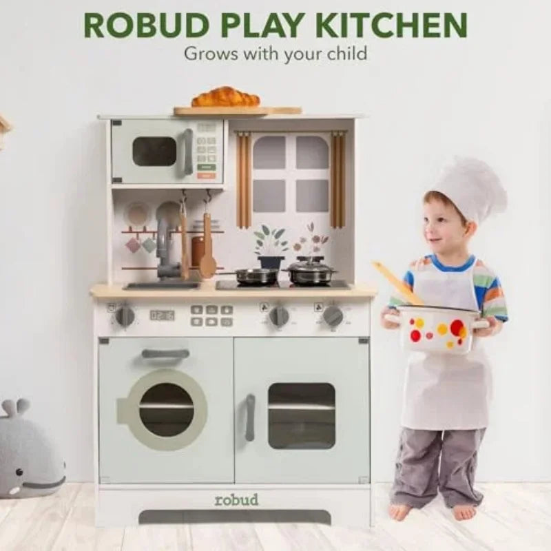 Robotime Robud Play Kitchen Wooden Play Kitchen Set Pretend Playset w/ Lights & Sounds Gift for Girls Boys Age 3+ Light Green