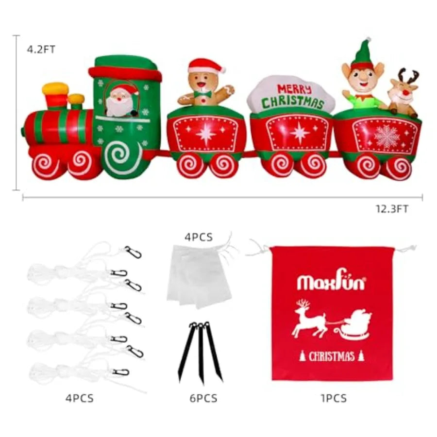 12Ft Christmas Inflatables Train with Santa Claus Reindeer Gingerbread Man Builtin LED Lights Blow Up Christmas Decor for Chris