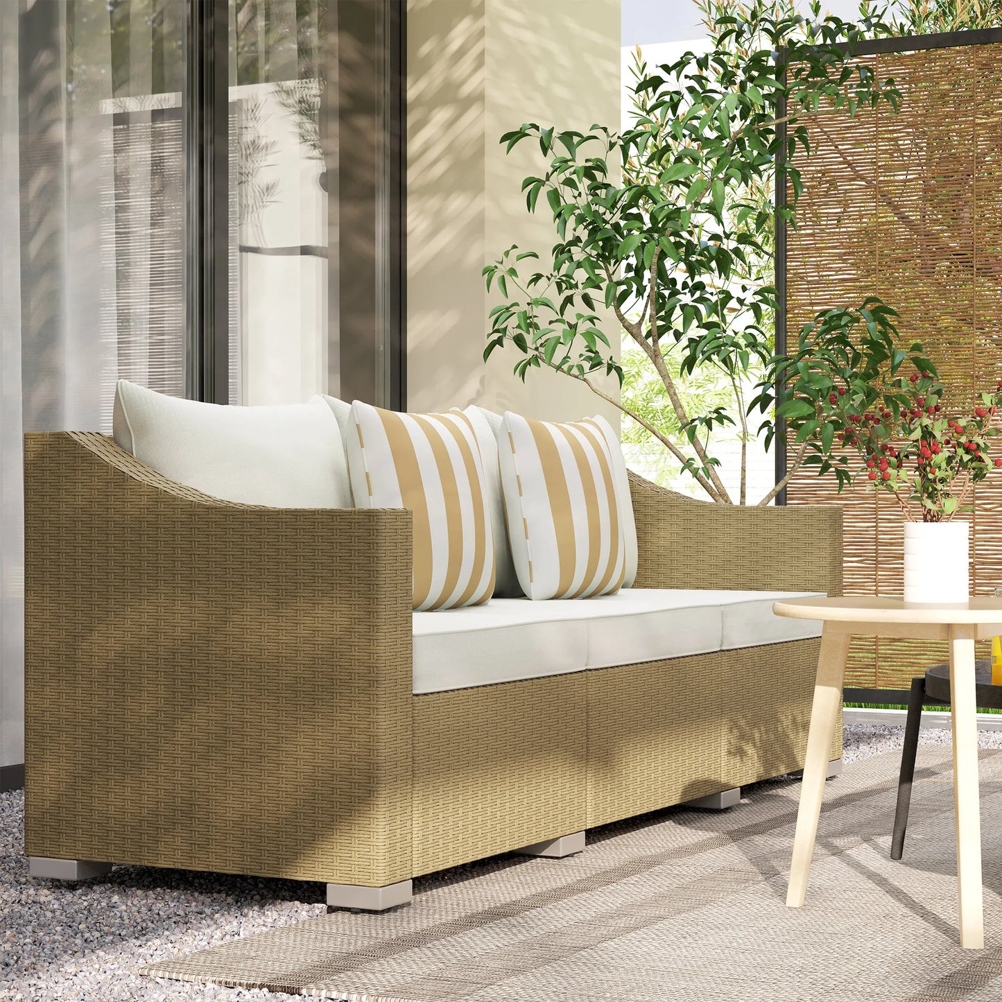 Outsunny 3 Seater Outdoor Rattan Sofa With Cushions Cream White Patio Couch
