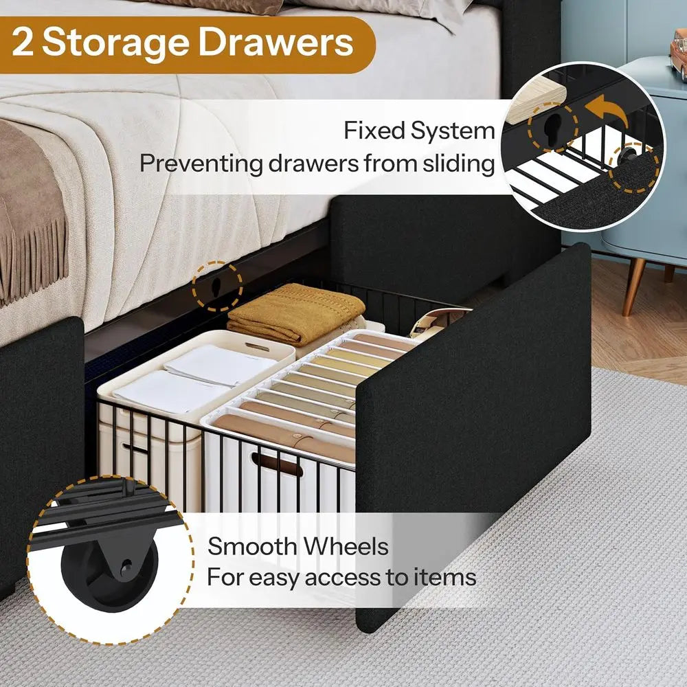 Twin Bed Frame With LED Lights And Charging Station Upholstered Storage Bed