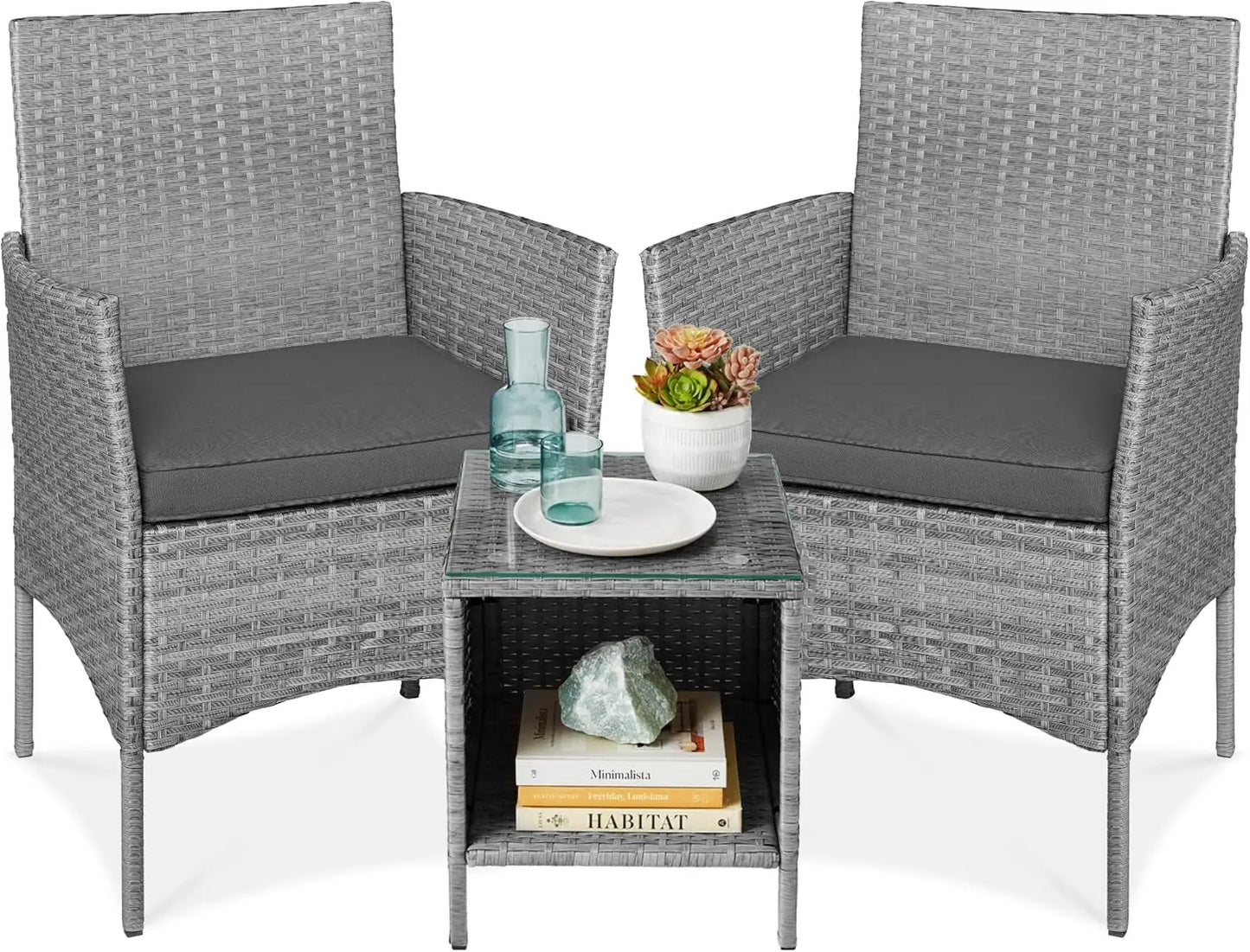 3-Piece Outdoor Wicker Conversation Bistro Set, Space Saving Patio Furniture for Garden w/Side Table