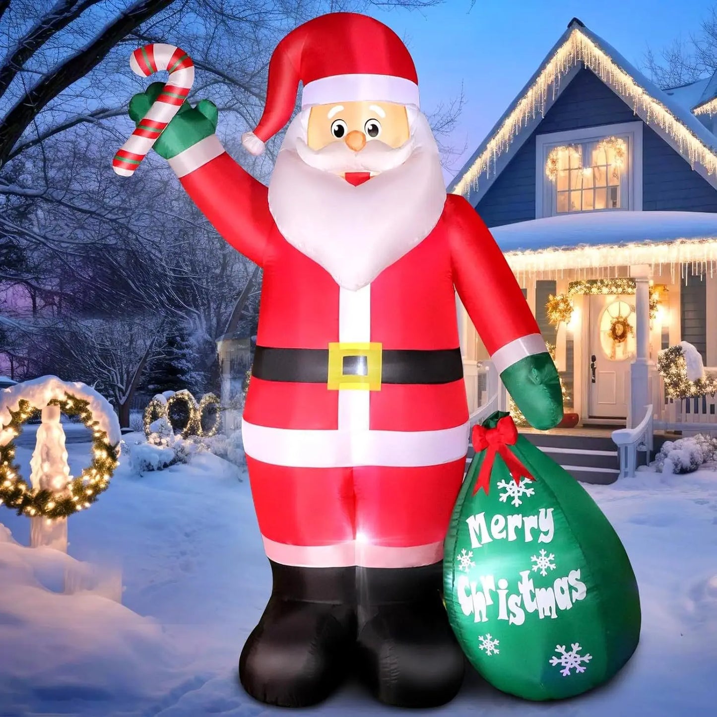 2.4M 8FT Christmas Inflatable Wall-Climbing Elderly Figure Seated Gift Hat Christmas Tree Decoration Outdoor Garden Ornament