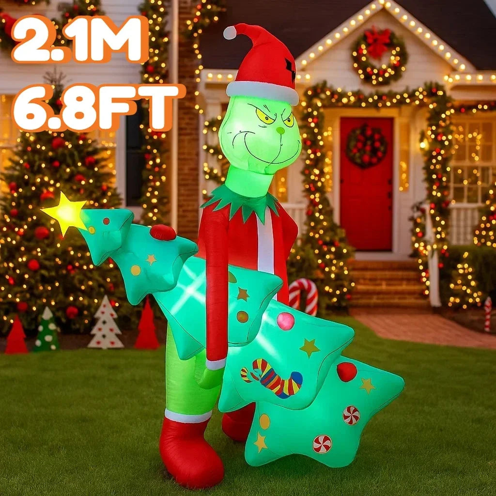 2.4M 8FT Christmas Inflatable Wall-Climbing Elderly Figure Seated Gift Hat Christmas Tree Decoration Outdoor Garden Ornament