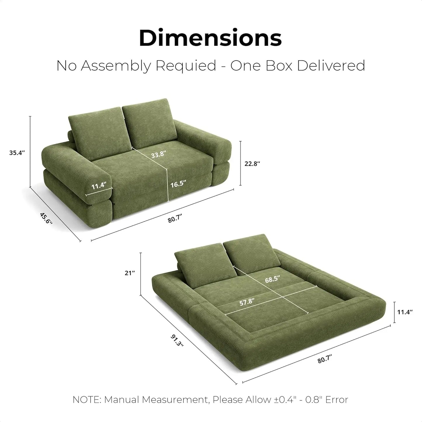 LIKIMIO Convertible Sleeper Sofa 3 In 1 Corduroy Green