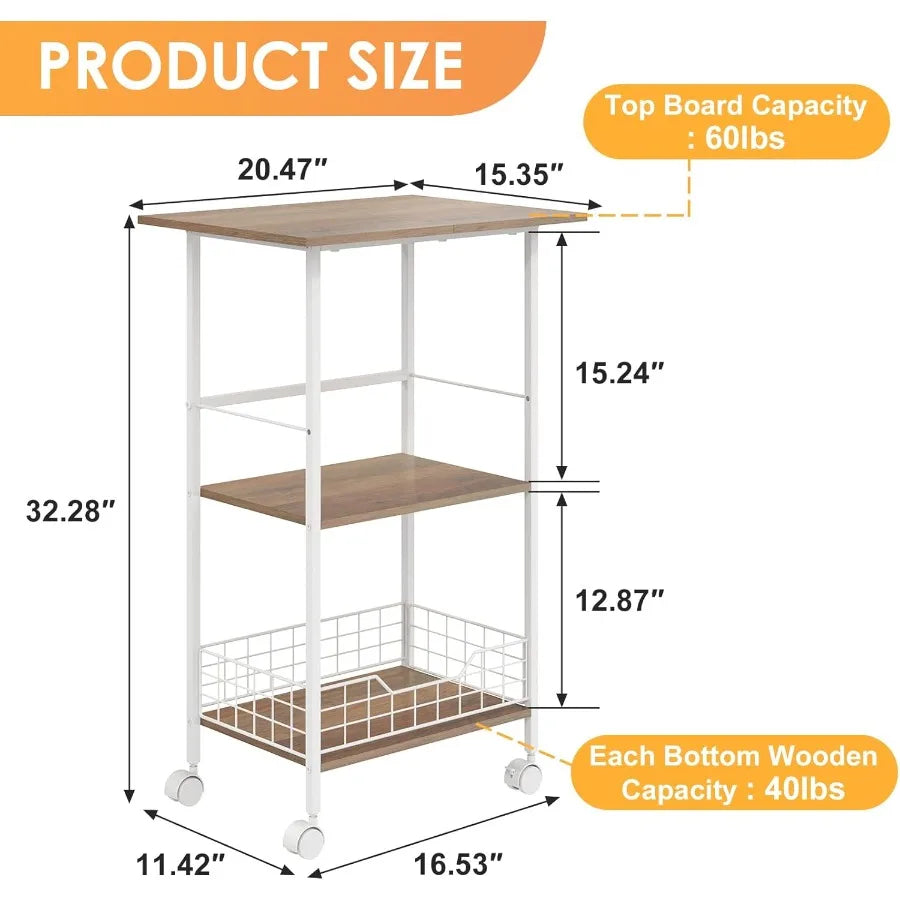 Three Tier Microwave Cart With Storage On Wheels Wood And Metal Kitchen Stand