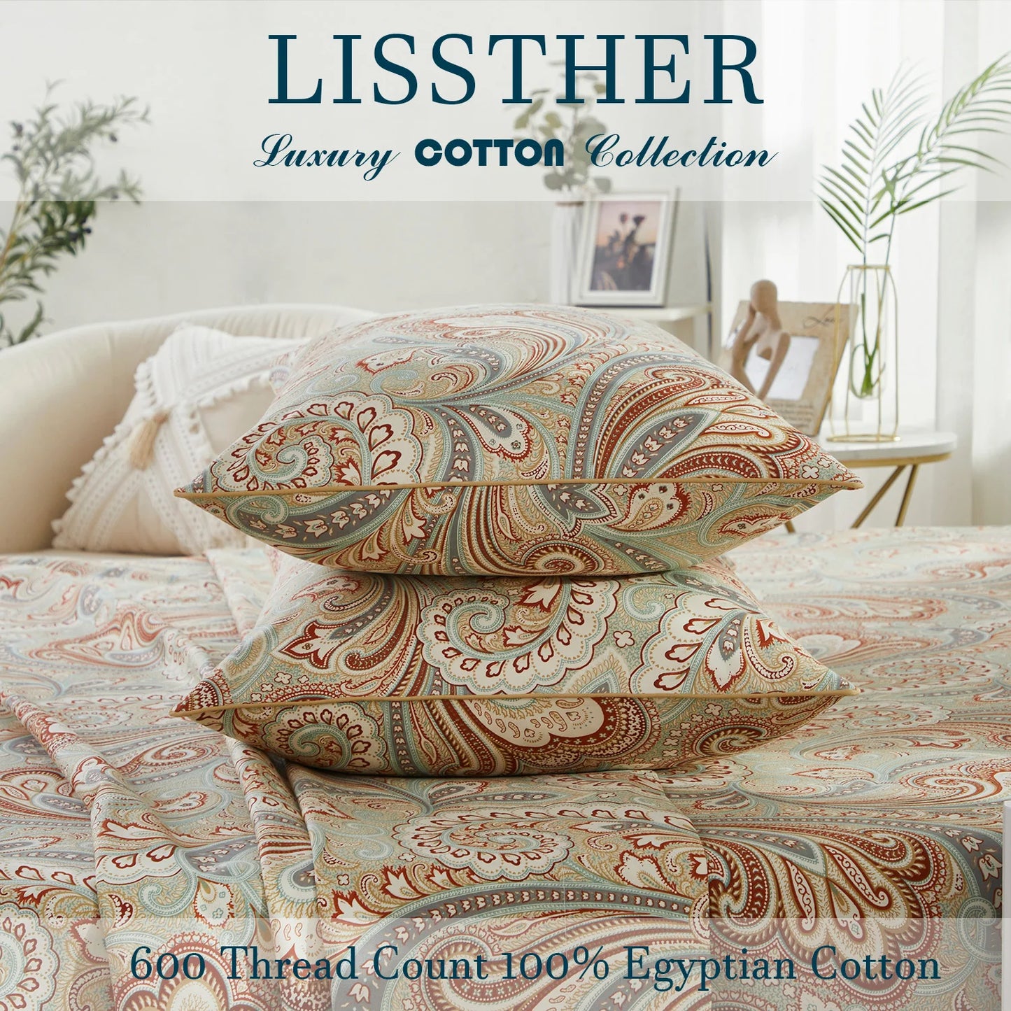 Three Piece 600TC Duvet Cover Set 100 Percent Egyptian Cotton Boho Paisley