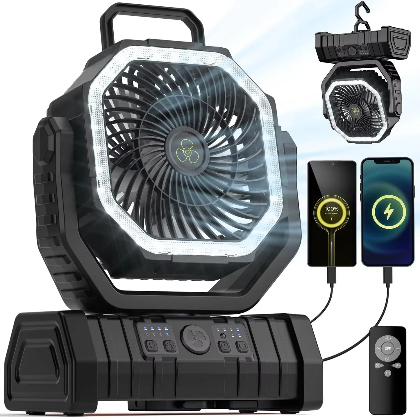 Camping Fan 20000mAh Battery Powered Fan Rechargeable with LED Light Portable Outdoor Tent Fan with Hanging Hook
