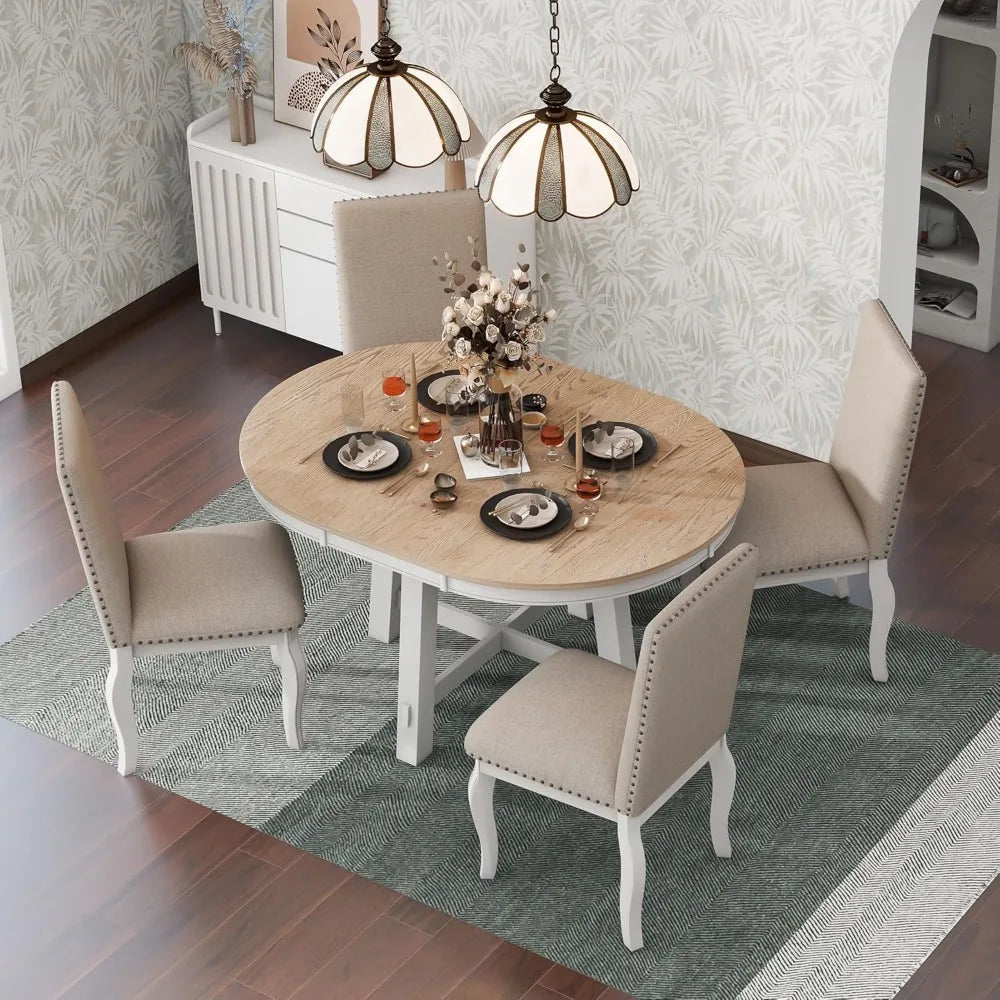 Farmhouse Round Extendable Dining Table Set With 4 Chairs