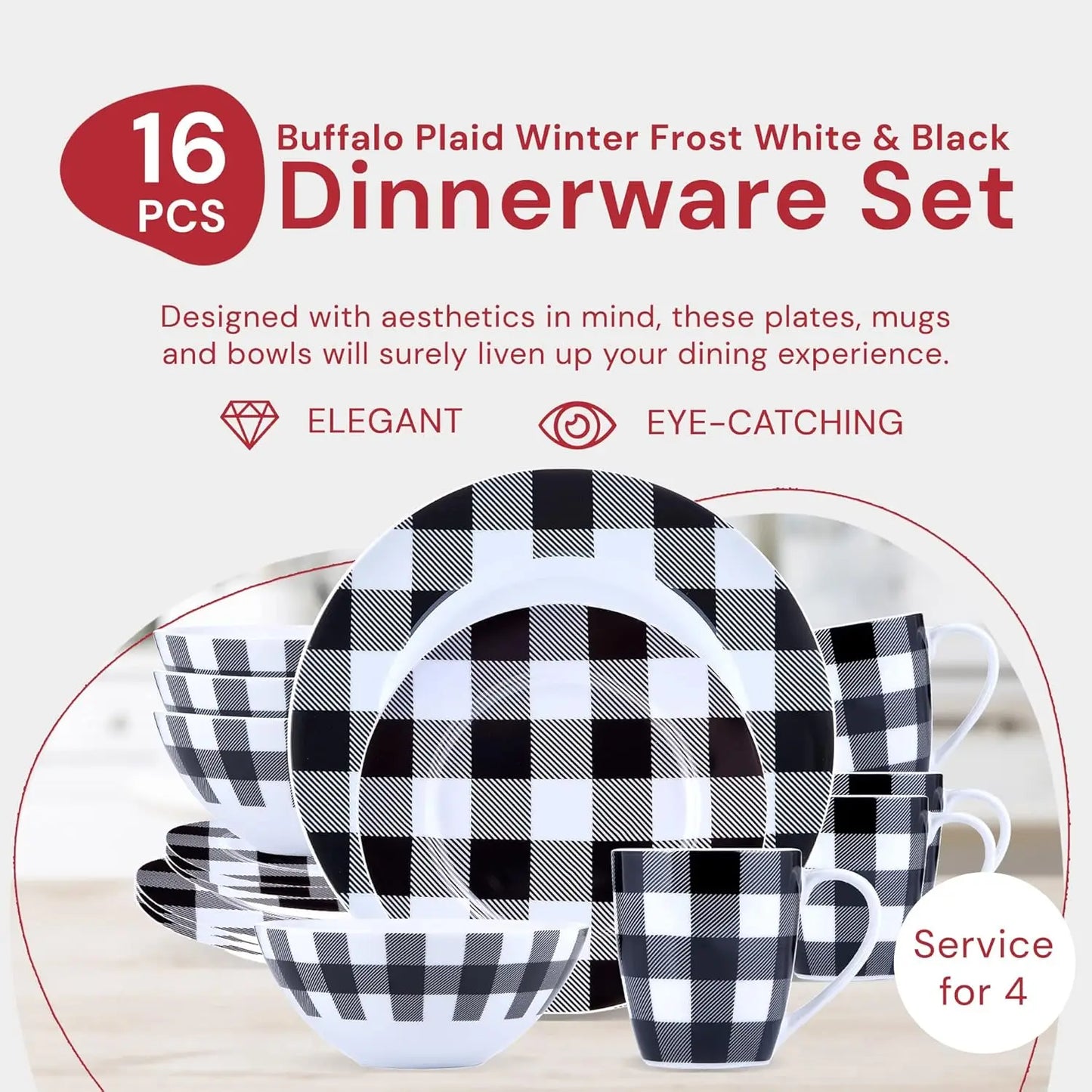 Winter Frost White And Black Modern Dinnerware Set 16 Piece Plaid Plates Bowls