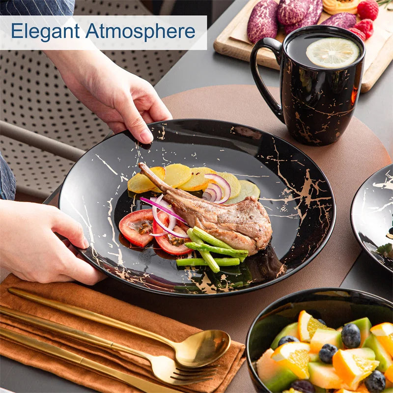 16 Piece Black Porcelain Set With Gold Splash Dinner Plates Bowls Coffee Cups