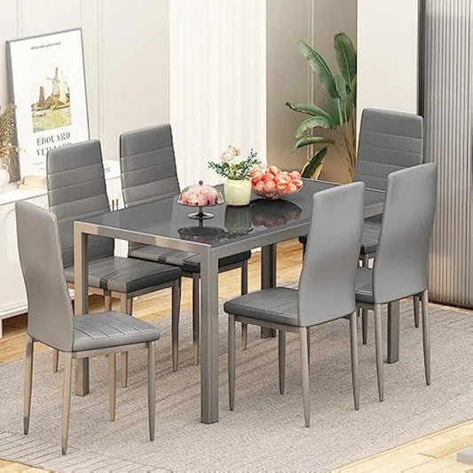7 Piece Set Tempered Glass Table PU Leather Chairs Grey