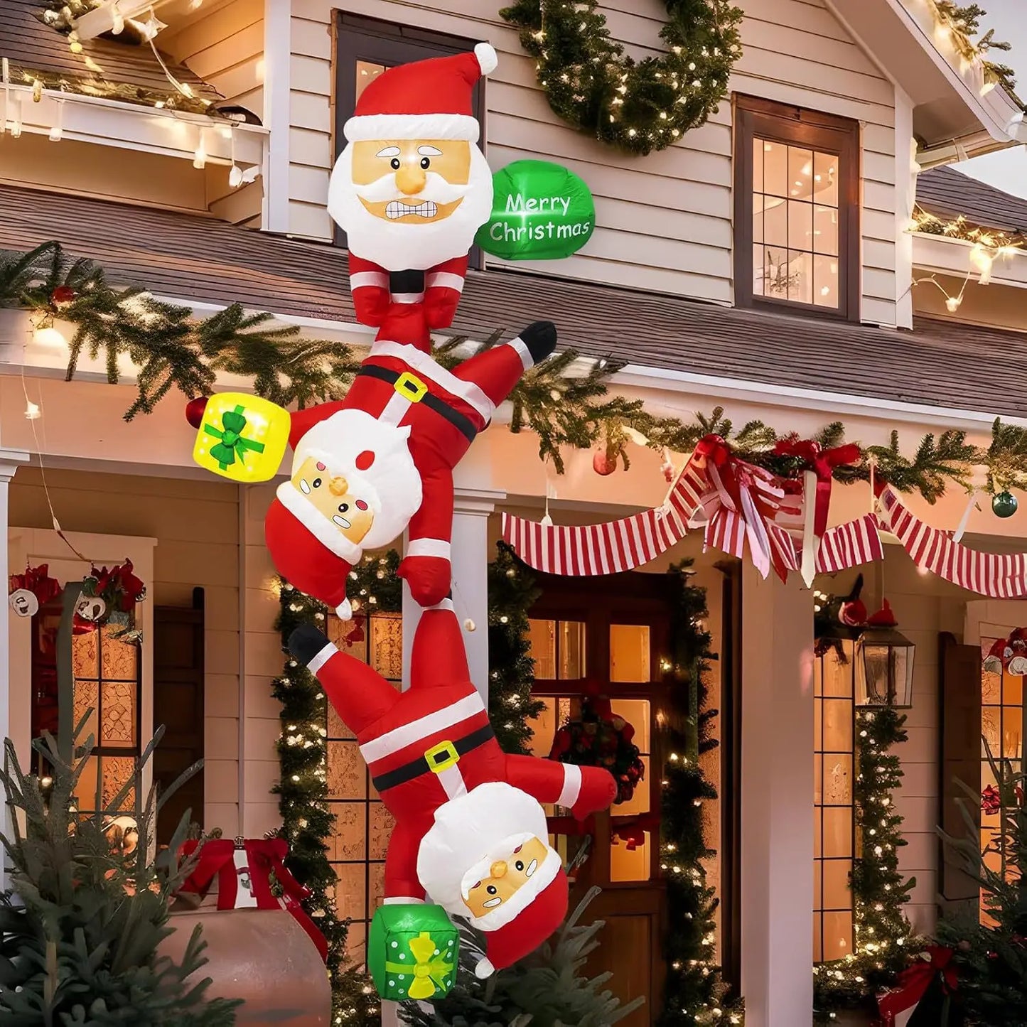 2.4M 8FT Christmas Inflatable Wall-Climbing Elderly Figure Seated Gift Hat Christmas Tree Decoration Outdoor Garden Ornament