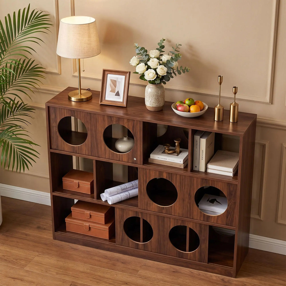 Low Wood Bookshelf With Round Cutout Cubbies Organizer