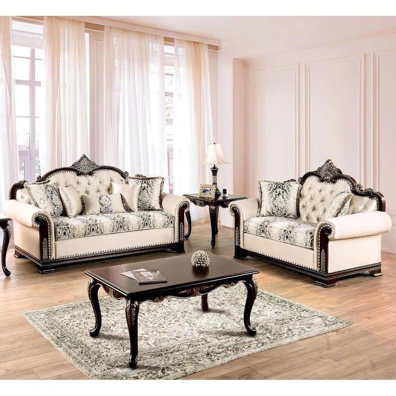 3-Piece Upholstered Sofa Set with Tufted Back & Rolled Arms, Beige