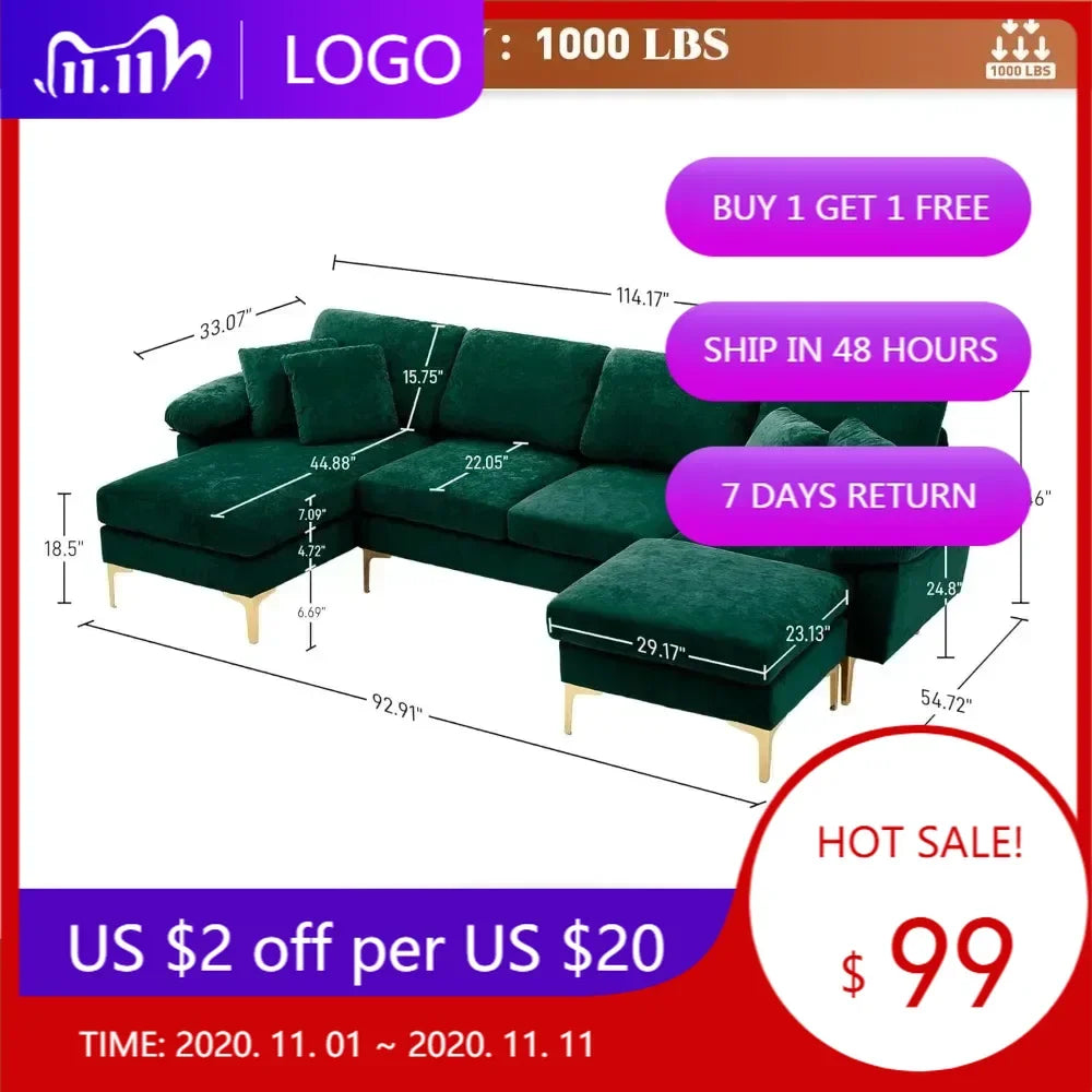 "4-seat u-shaped velvet sofa set with chaise and ottoman for living room"