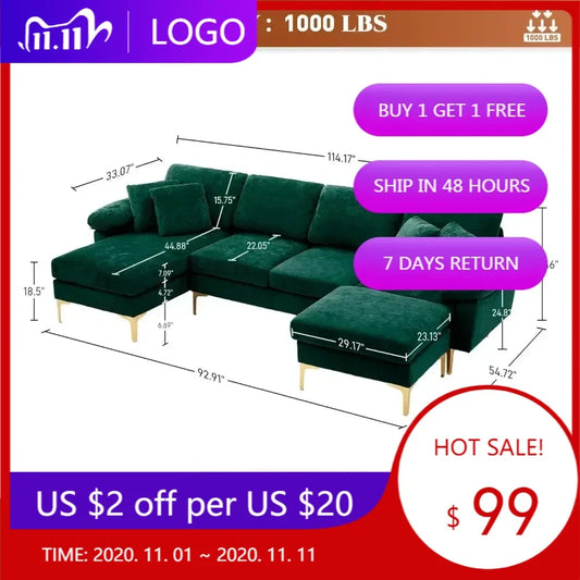 "4-seat u-shaped velvet sofa set with chaise and ottoman for living room"