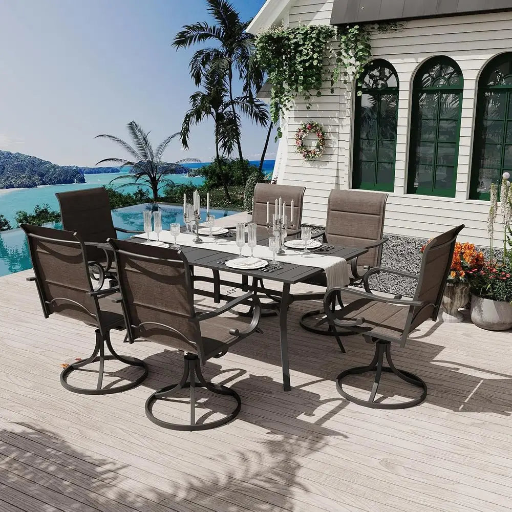 7 Piece Outdoor Dining Table Set With 6 Swivel Rocker Chairs Textilene Brown