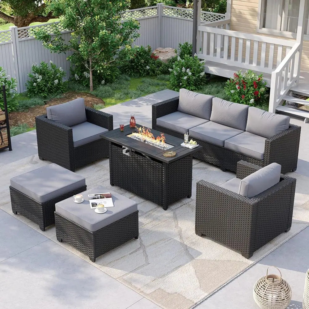 6 Piece Outdoor Furniture Set With Fire Pit Table Grey Weatherproof Sectional
