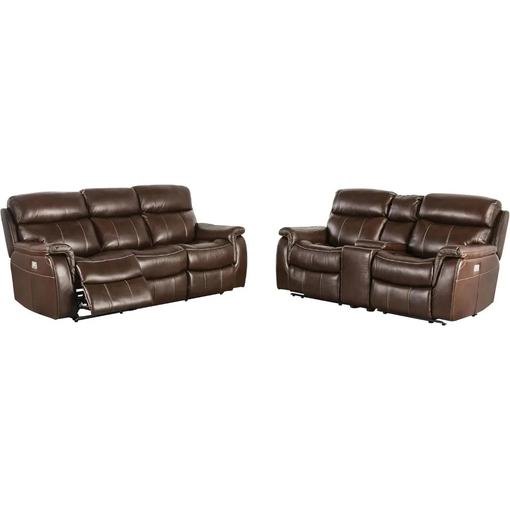 Corrals Top Grain Leather 2-Piece Power Recline Sofa Set with Pillow Top Arms, Cup Holders for Living Room