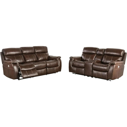 Corrals Top Grain Leather 2-Piece Power Recline Sofa Set with Pillow Top Arms, Cup Holders for Living Room
