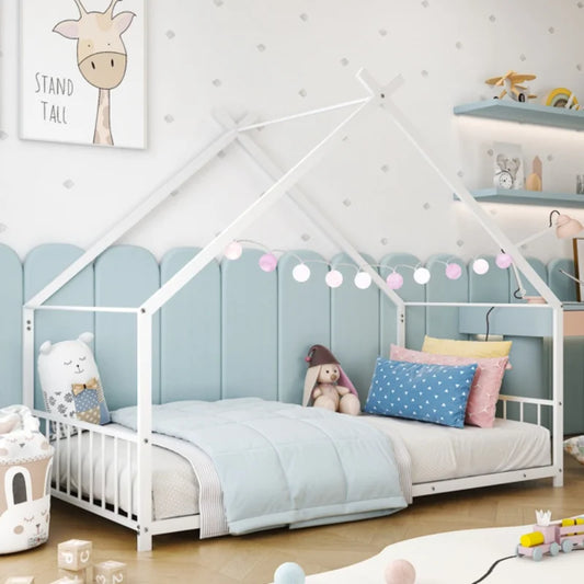 Flat Bed House Shape with Side Guardrails Twin Children's Iron Bed Home Furniture Children Bed