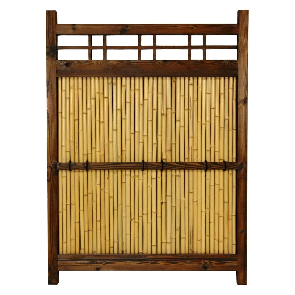 Japanese Bamboo Kumo Fence 4ft Tall Rustic Garden Decoration Sturdy Wood Frame Bleached Bamboo Panels Durable Cross-Bar Accent