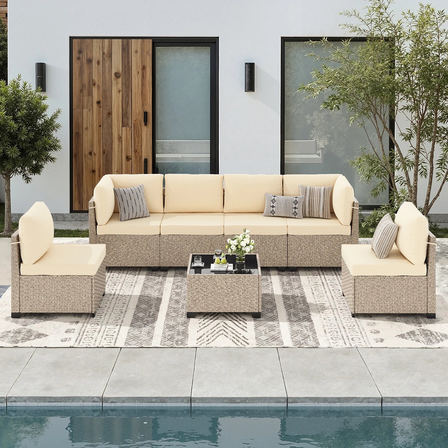 7 Piece All Weather Outdoor Rattan Patio Sofa Set With Tempered Glass Table