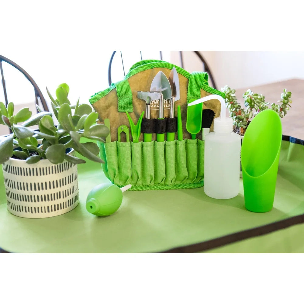 14 Piece Indoor Gardening Tool Set Stainless Steel Durable Tools Watering Bottle Tarp Mat Carrying Bag Perfect Plant Care