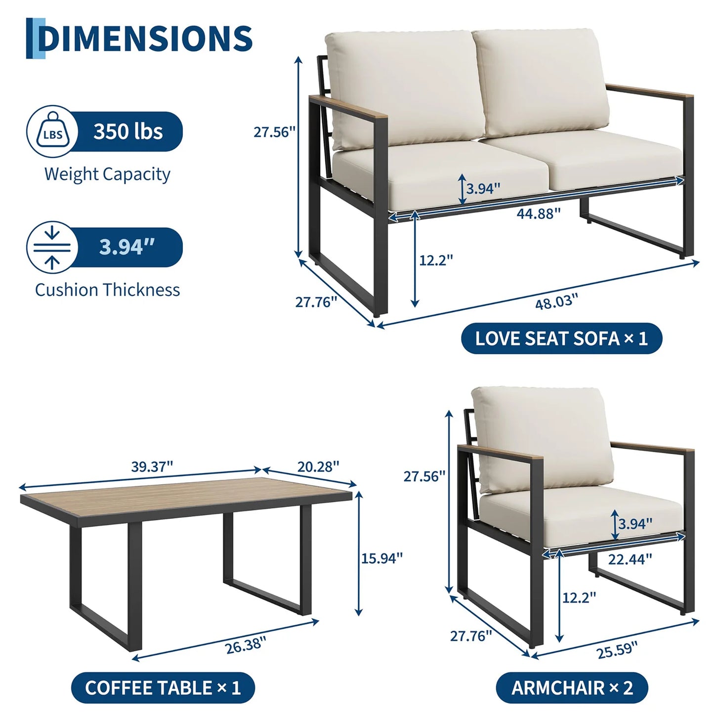 Modern 4 Piece Patio Furniture Set With Sectional Sofa And Coffee Table Cushions