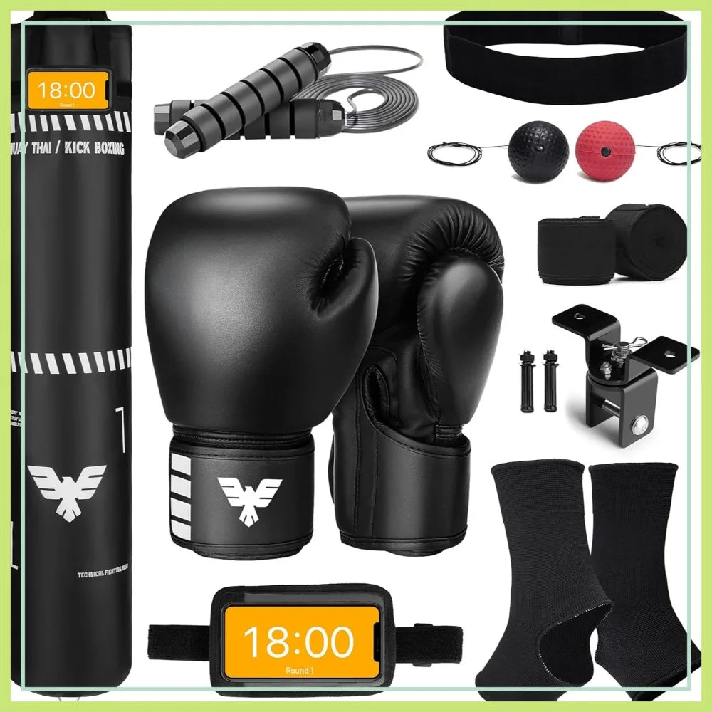 Muay Thai Punching Bag Set With Gloves And Reflex Ball 100 Lbs Heavy Unfilled