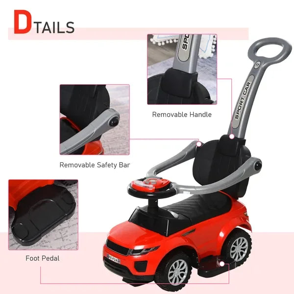 2 In 1 Toddler Push Car Ride On Stroller With Horn Music Lights Red